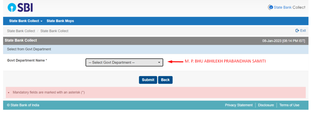 अब Govt Department Name में से M. P. BHU ABHILEKH PRABANDHAN SAMITI आप्शन को चुनकर सबमिट बटन पर क्लिक करें।